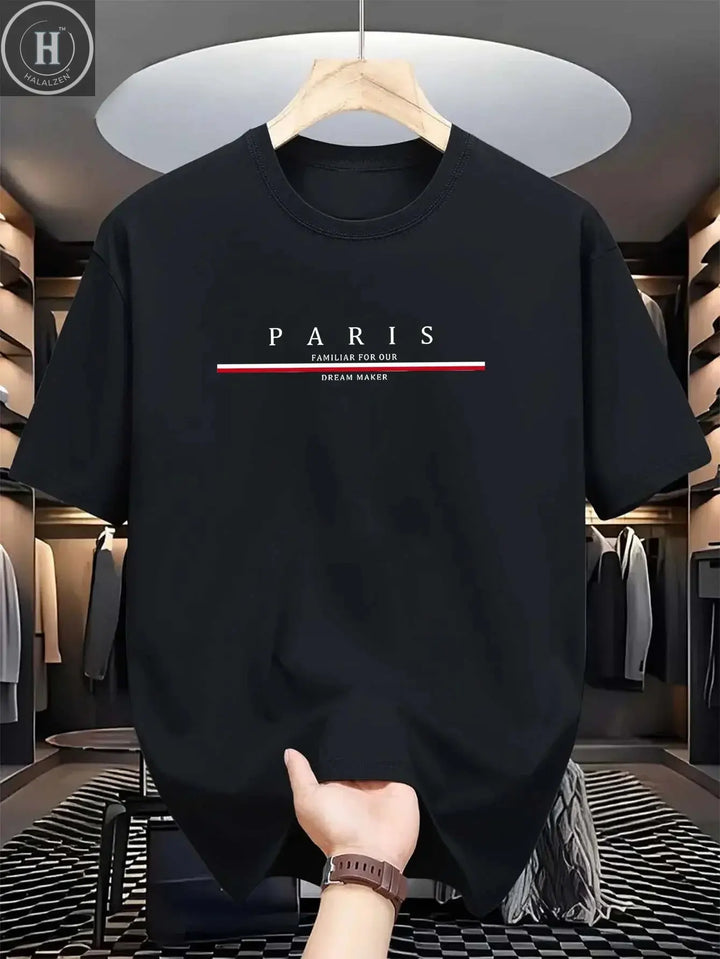 Men's 100% pure cotton summer casual loose fashion Paris letter printed comfortable round neck short sleeved T-shirt top HALALZEN