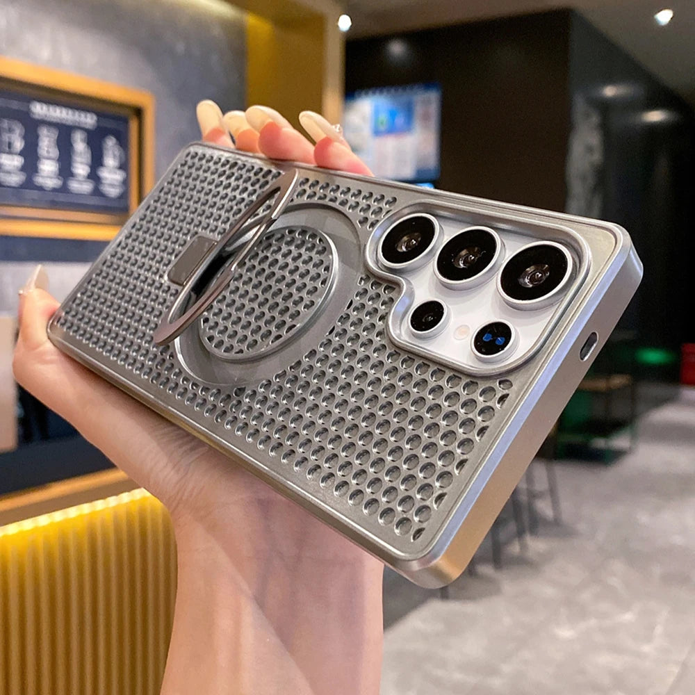 Magnetic Metal Fold Stand Heat Dissipation Phone Case for Samsung S25 S24 S23 Ultra FE S22 Plus 5G Luxury Protection Back Cover