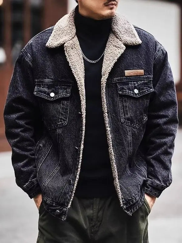 Men's Winter Thiened Lamb Velvet Cotton Jaet Casual Warm Workwear Denim Sle Coat with Inner Fce Collar Stand up Coat