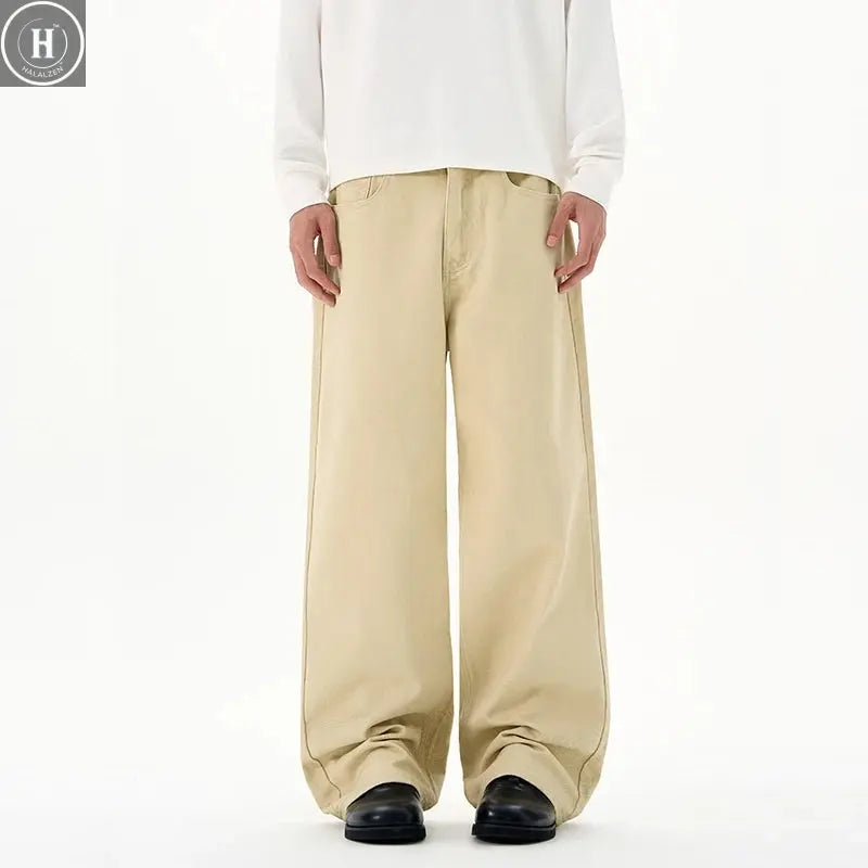 Baggy Wide-leg Jeans 100% Cotton Comfortable Breathable Autumn Casual Denim Pants Loose Straight Trousers Fashion Streetwear Halalzen UK