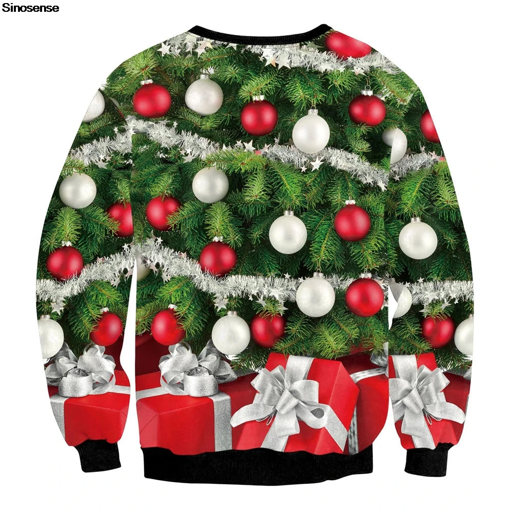 Men Women Crewneck Xmas Sweatshirt 3D Christmas Tree Gift Print Holiday Party Jumper Tops Pullover Alpaca Ugly Christmas Sweater