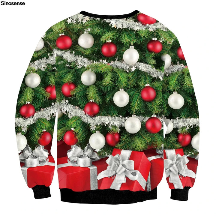 Men Women Crewneck Xmas Sweatshirt 3D Christmas Tree Gift Print Holiday Party Jumper Tops Pullover Alpaca Ugly Christmas Sweater
