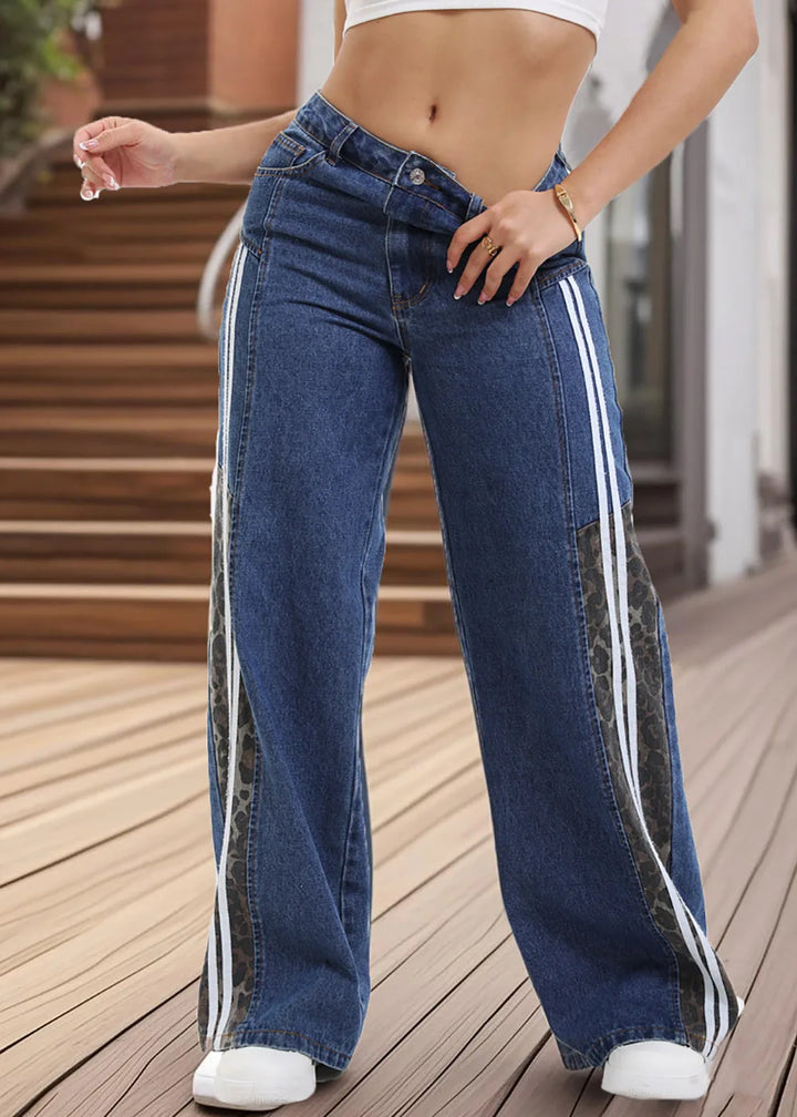 Women’s Wide Leg Denim Jeans – High Waist Crossover Button Jeans with Leopard Print Panels and Side Stripe Detail – Streetwear Y