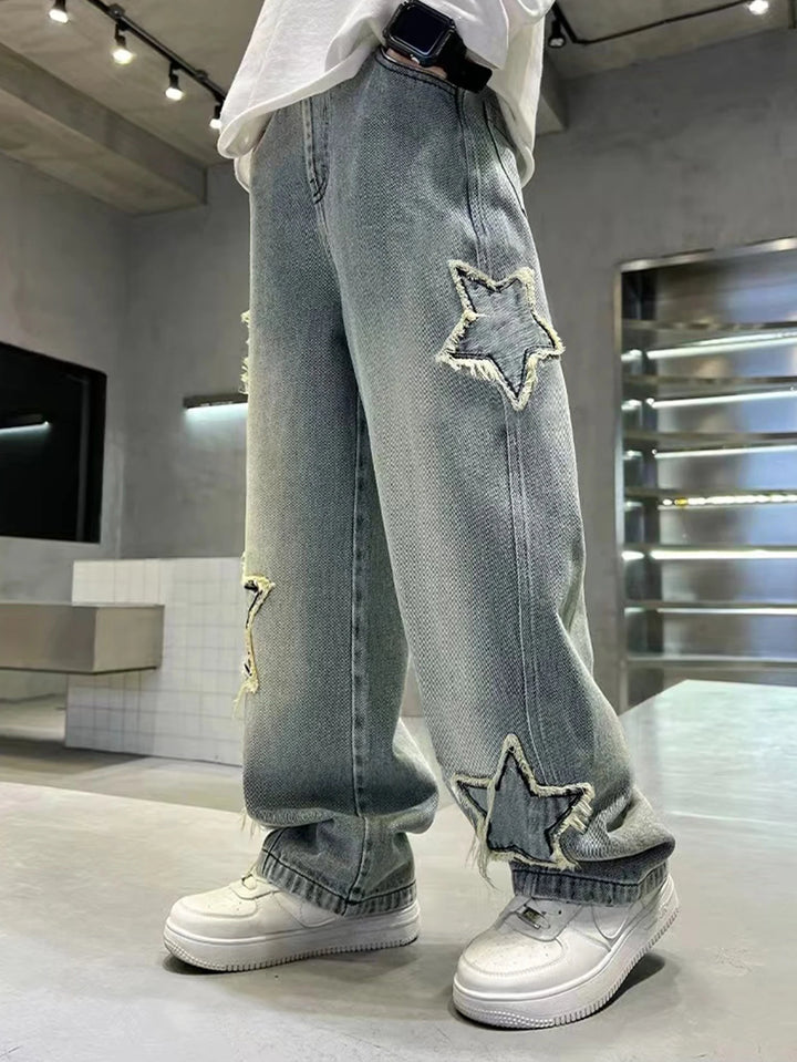 Teenage Five-Pointed Star Straight-Leg Washed Denim Jeans - Handsome, Versatile, Casual Wide-Leg Pants