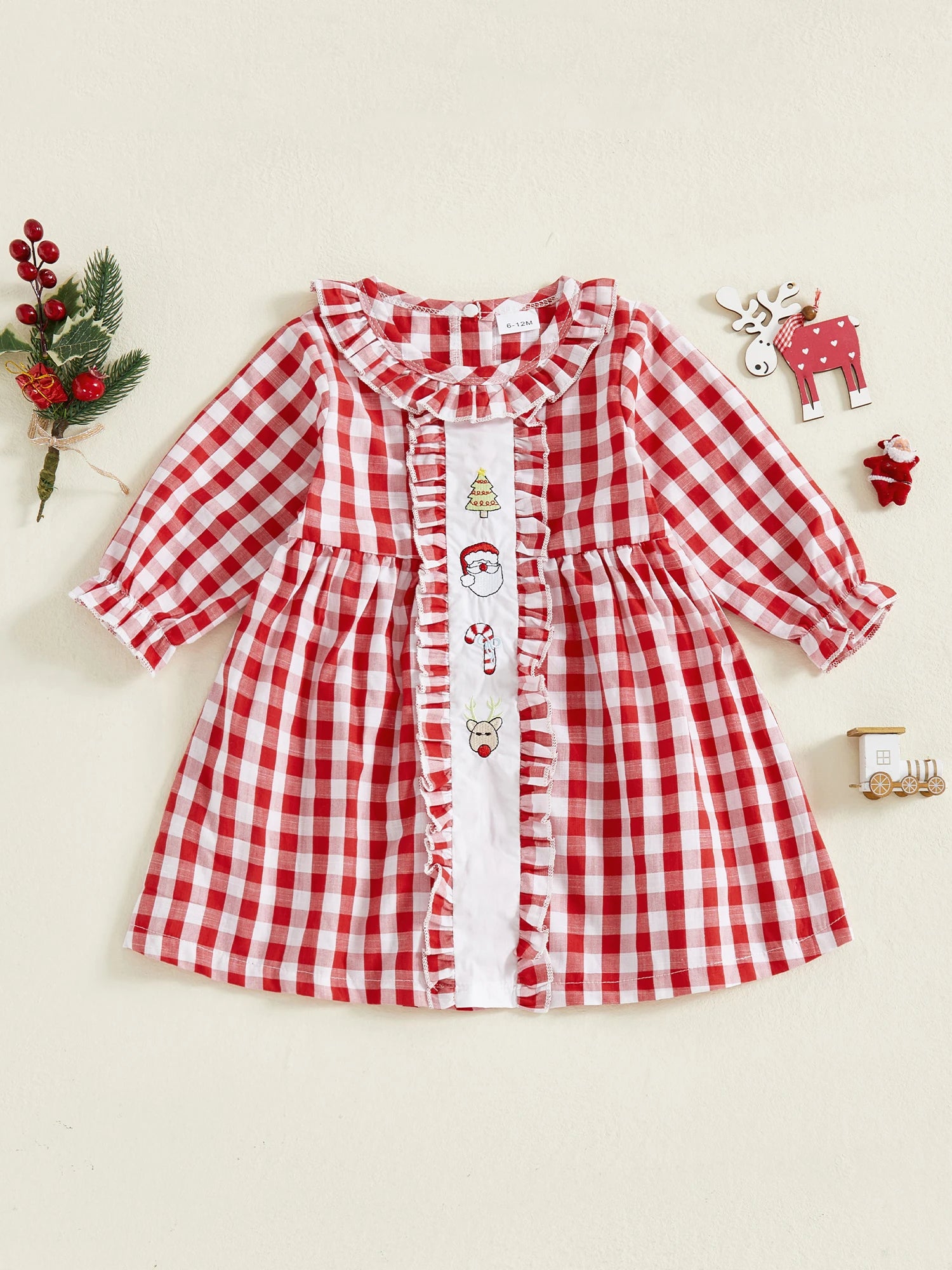 Infant Baby Boy Christmas Outfit Red Plaid Romper Long Sleeve Jumpsuit with Santa Claus Embroidery and Hat