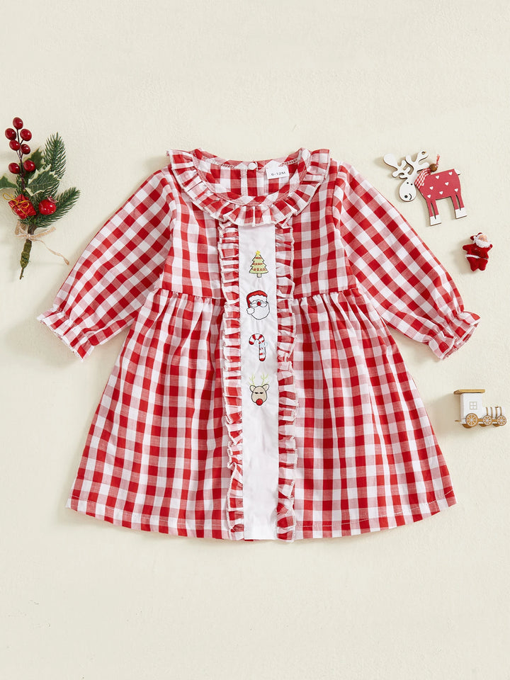 Infant Baby Boy Christmas Outfit Red Plaid Romper Long Sleeve Jumpsuit with Santa Claus Embroidery and Hat