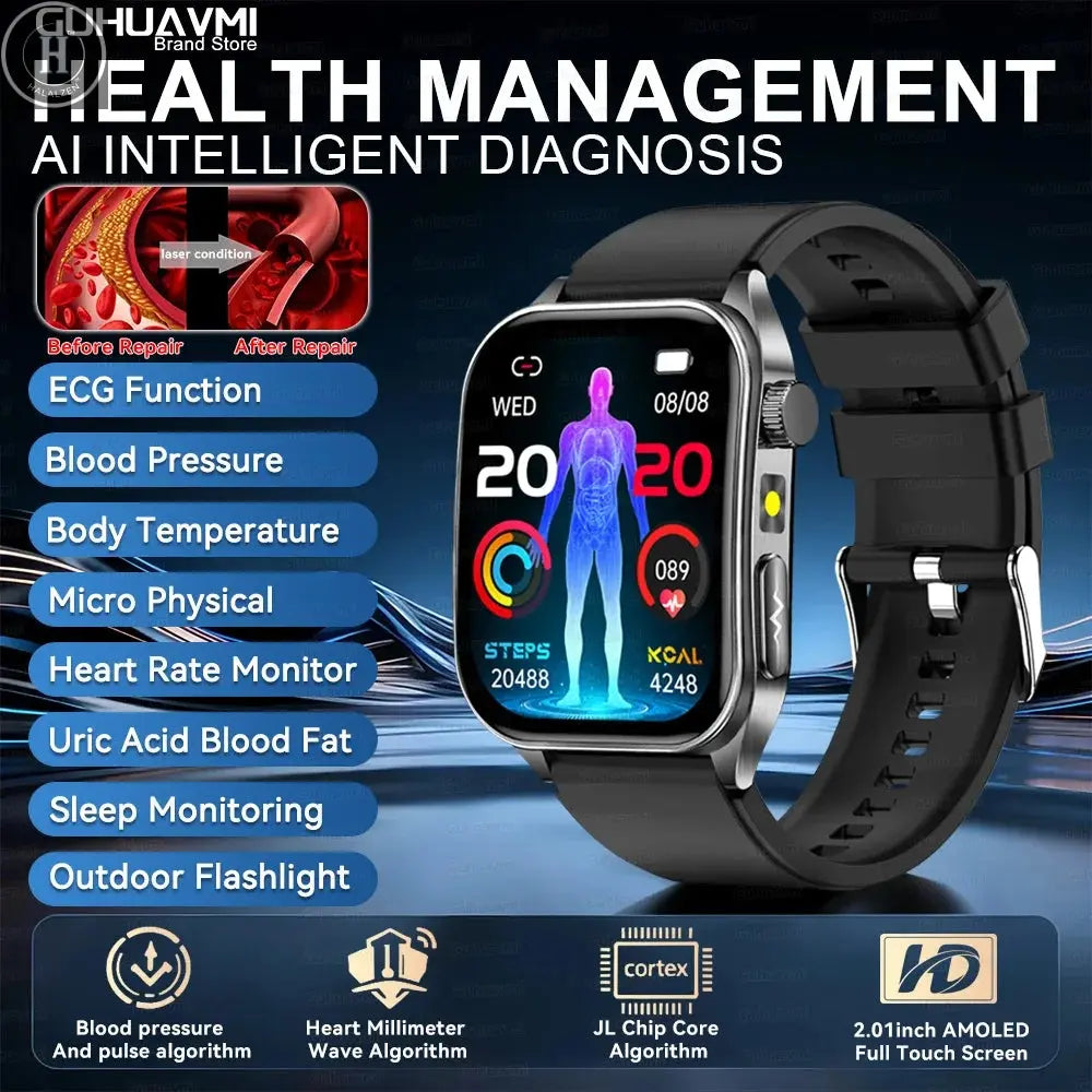 2026 New 650nm Laser Therapy Health Smartwatch Men ECG Blood Pressure Lipid Uric Acid Bluetooth Call Smart Watch For Android IOS HALALZEN