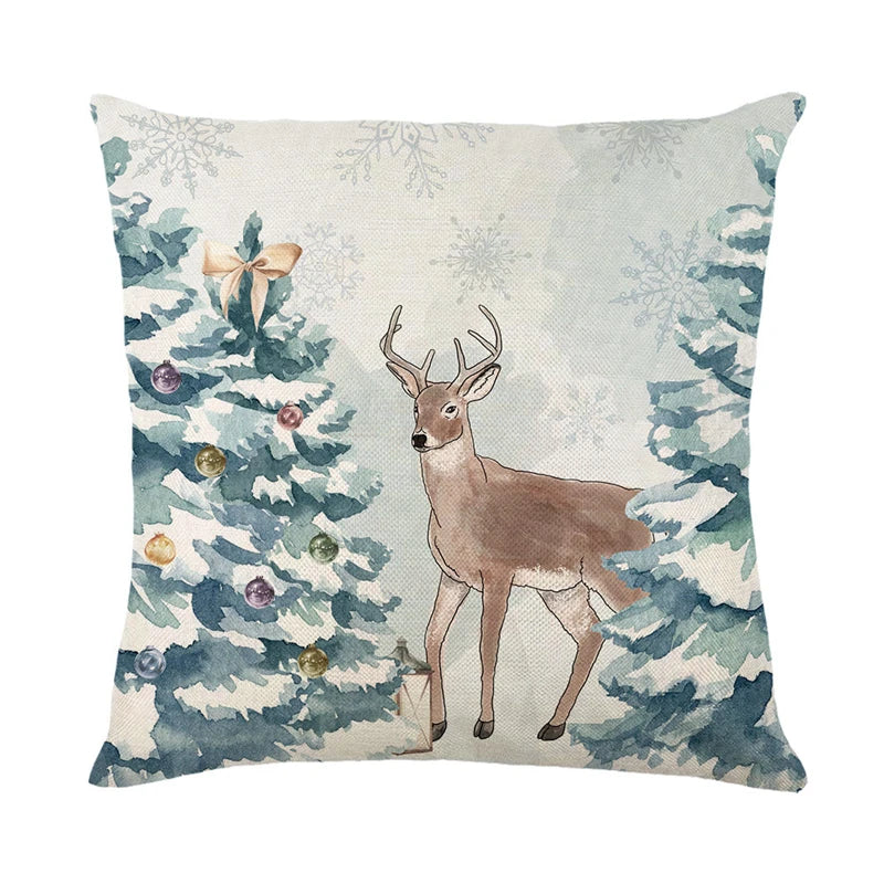 Linen Merry Christmas Pillow Cover 45x45cm Throw Pillowcase Winter Christmas Decorations for Home Tree Deer Sofa Cushion Cover