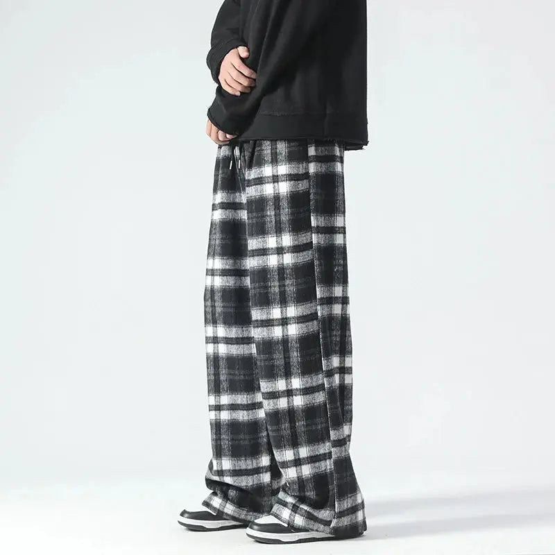 Vintage Plaid Pants Men's Loose Wide Leg Pants Autumn New Lazy Wind Straight-leg Leisure Trousers Male Jogger Sweatpant Halalzen UK