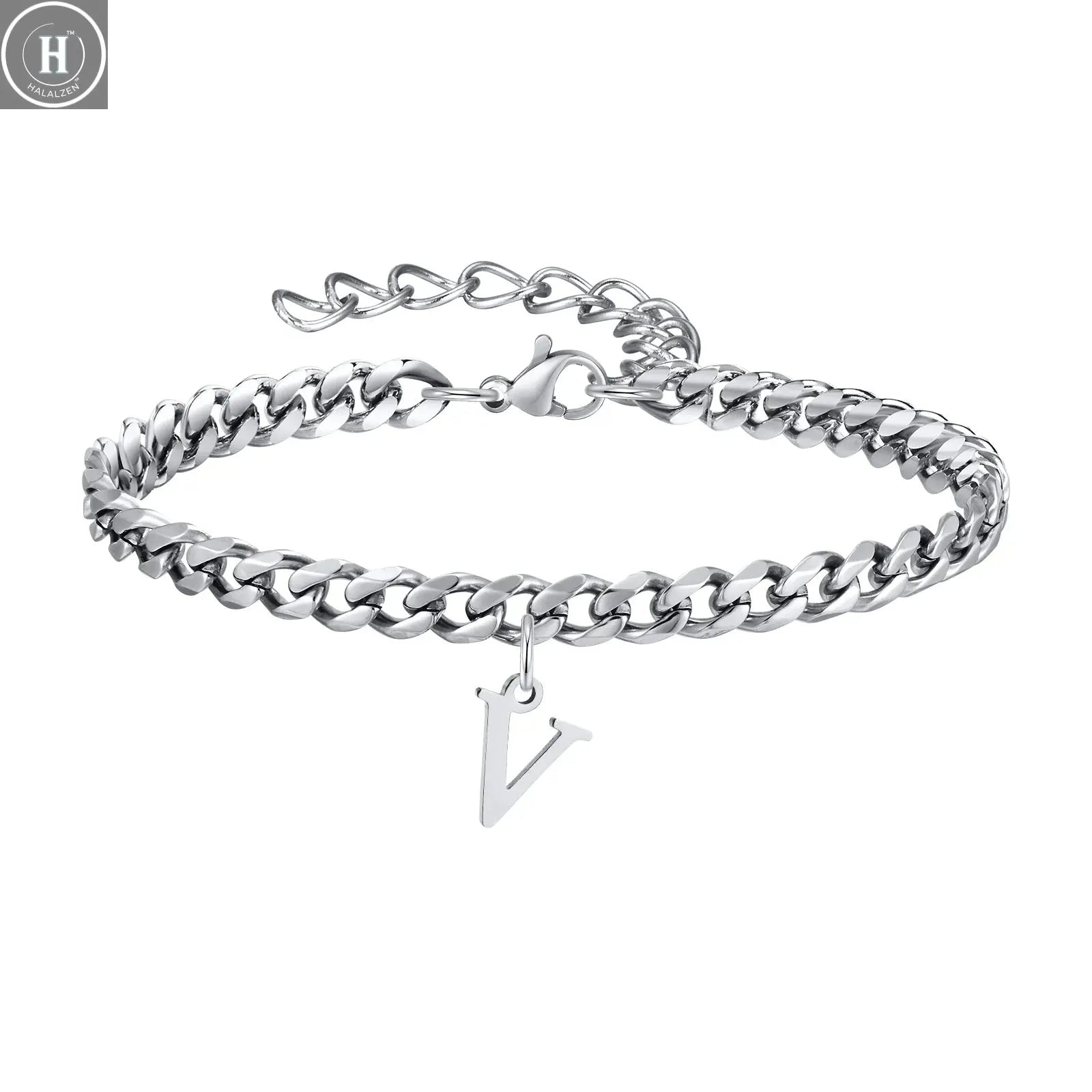 Mens Initials Cuban Links Bracelets,Stainless Steel A-Z 26 Letters Alphabet Charm Chain Wristband Adjustable,Casual Jewelry Gift HALALZEN