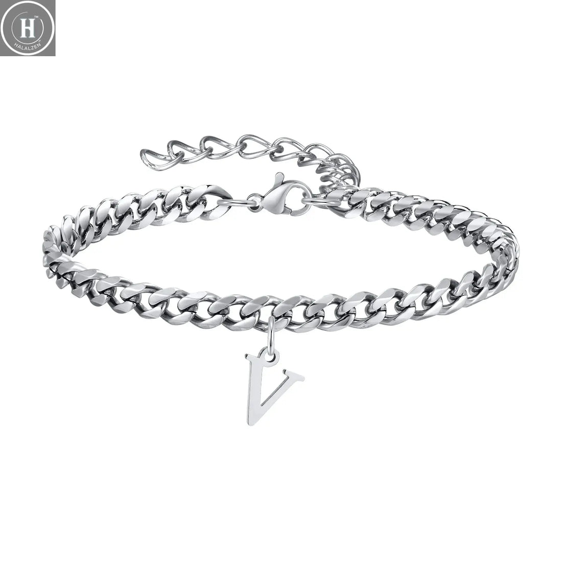 Mens Initials Cuban Links Bracelets,Stainless Steel A-Z 26 Letters Alphabet Charm Chain Wristband Adjustable,Casual Jewelry Gift HALALZEN