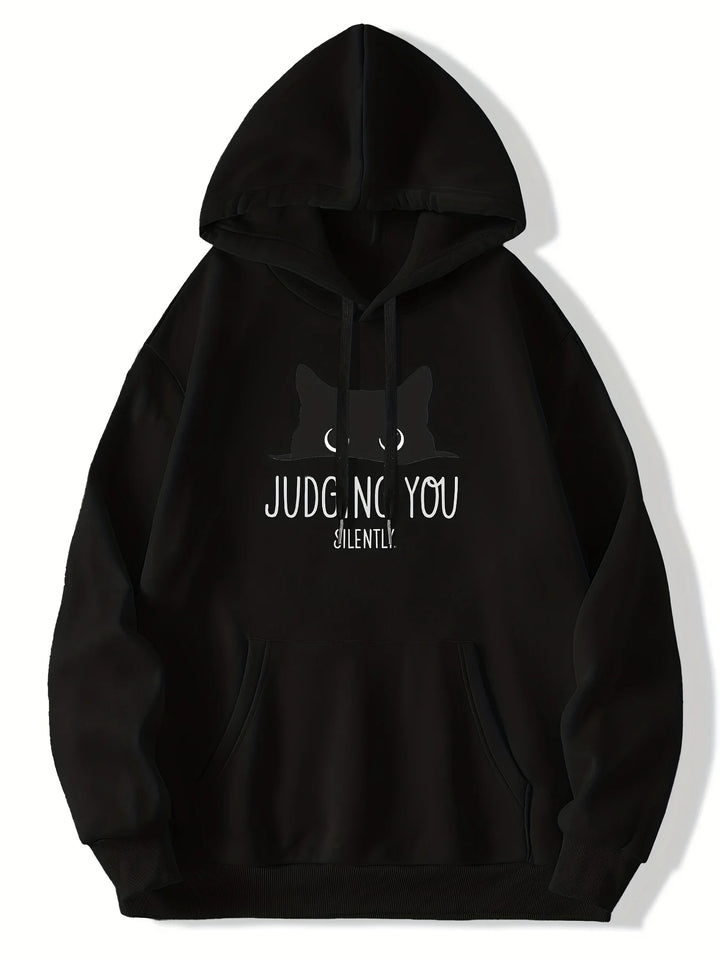 Men's Hoodie with Cartoon Black Cat "JUDGING YOU SILENTLY" Print - Casual Purple Pullover with Kangaroo Pocket