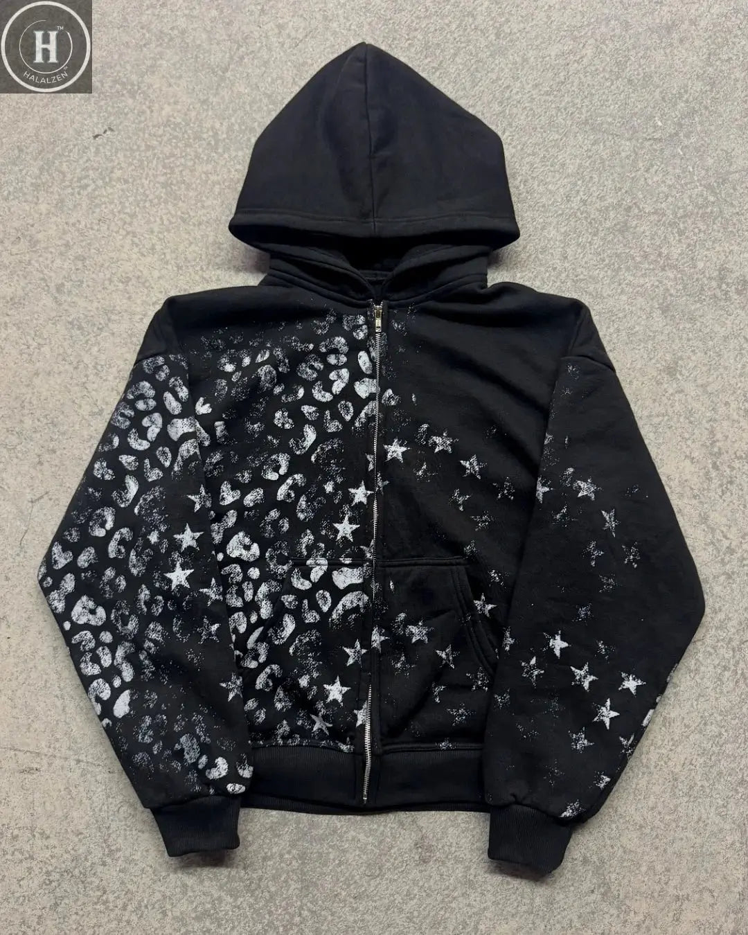 Exclusive design Dark leopard print star set Retro aging craftsmanship Trendy sweatshirt trousers suit HALALZEN