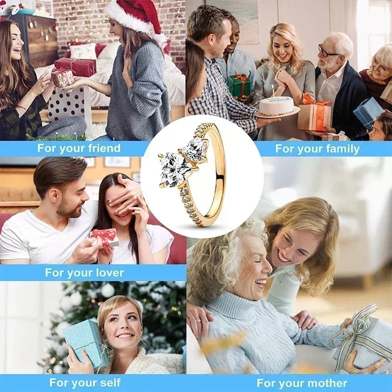 Exquisite Gold Color Series 925 Sterling Silver Classic Square Heart shaped Crown Ring Exquisite Charm Jewelry Birthday Gifts