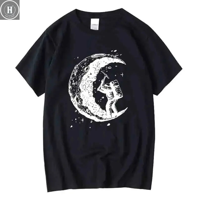Men's High Quality 100% Cotton Moon Print Casual Summer Cool Short Sleeve Men Tshirt Loose t-shirt Male Tee Shirts Male Tee Tops HALALZEN