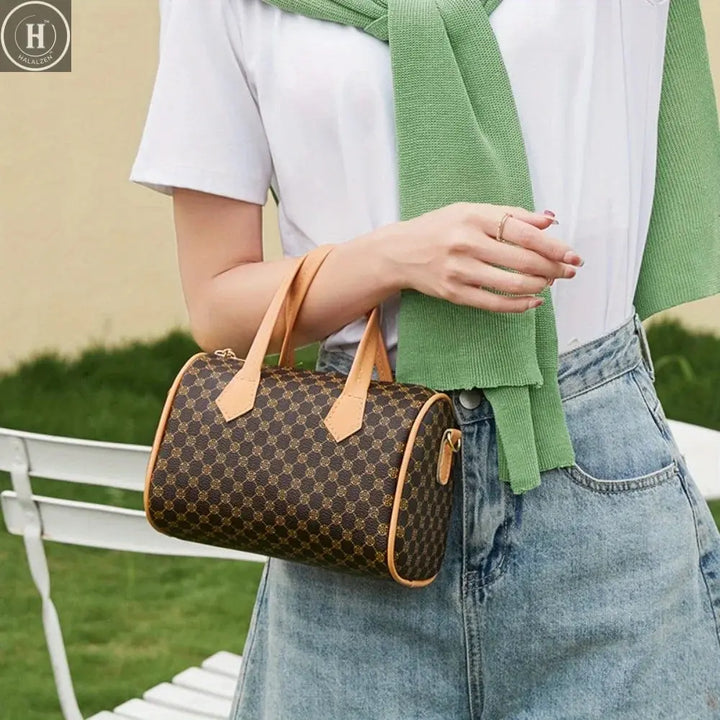 Vintage contrasting color printed handbag Boston women's bag mobile phone bag shoulder cross pillow bag HALALZEN