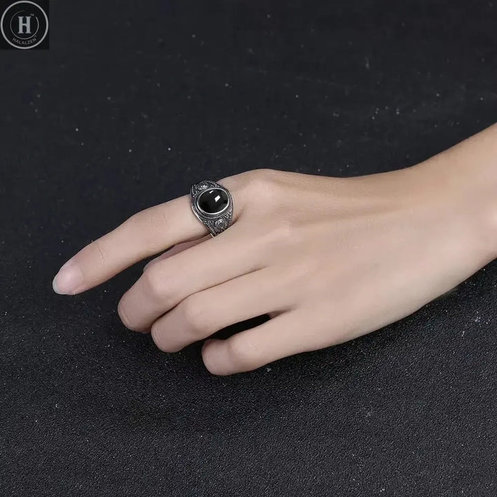 Sterling Silver 925 Vintage Rings Oval 8X10mm Rings Black Onyx Natural Fine Jewelry For Men Women Rhodochrosite Rings HALALZEN