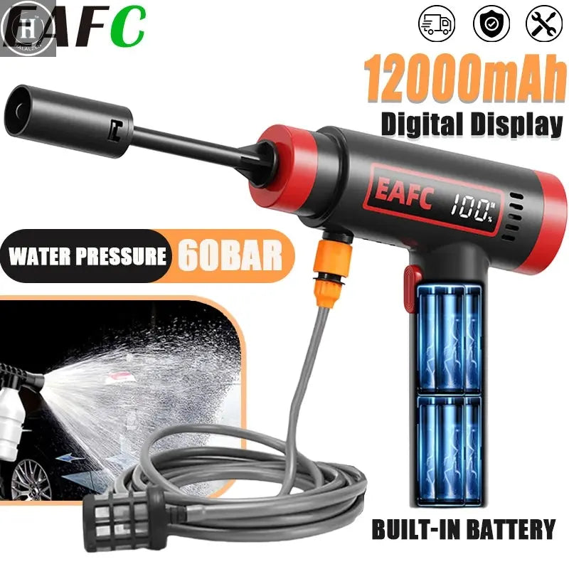 EAFC 60Bar Cordless High-Pressure Washer Water Gun Build In 12000mAh Lithium Battery Self Priming Sustain Machine for Auto Home HALALZEN