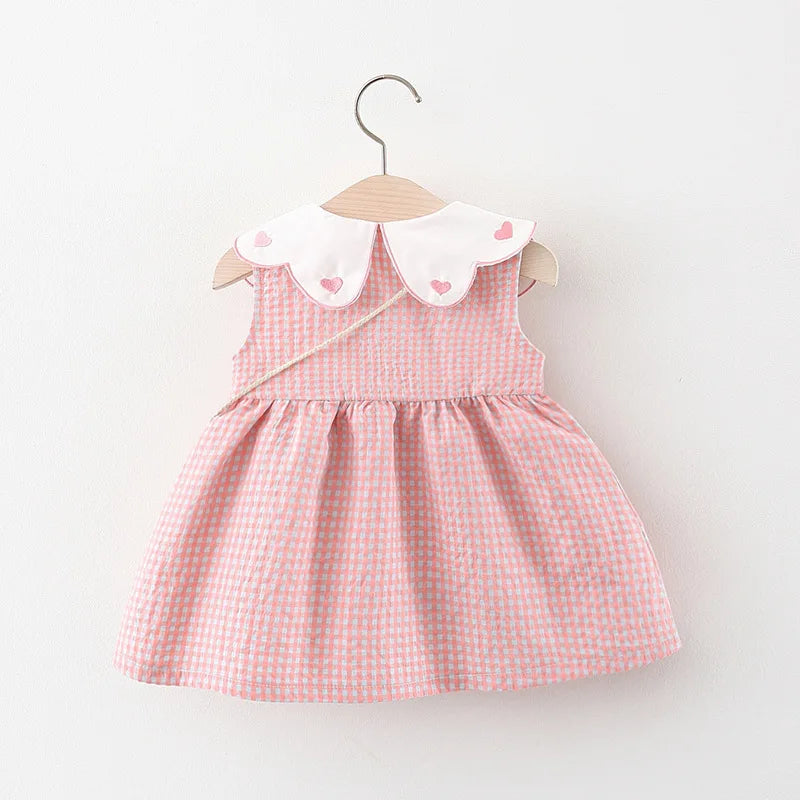 2Piece Sets Summer Newborn Girls Clothes Korean Cute Doll Collar Plaid Sleeveless Baby Dresses+Bow Bag Kids Princess Dress BC848