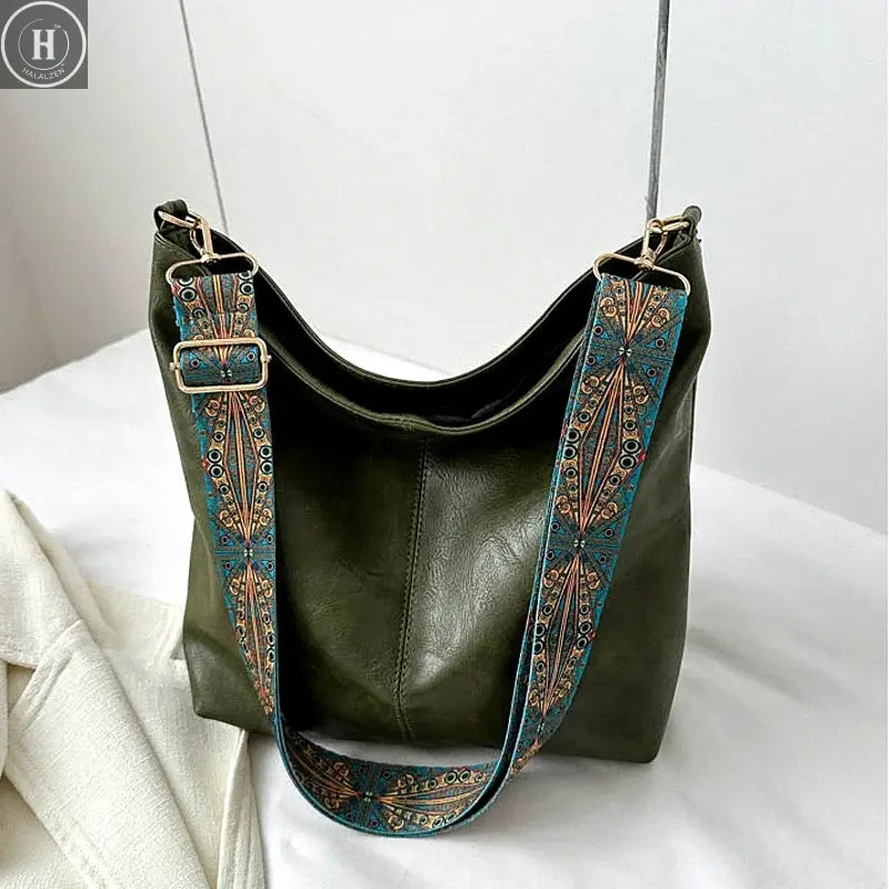 Women Vintage PU Leather Shoulder Bag Large Capacity Hobo Tote Wide Strap Casual Crossbody Purse Daily Handbag Quality HALALZEN