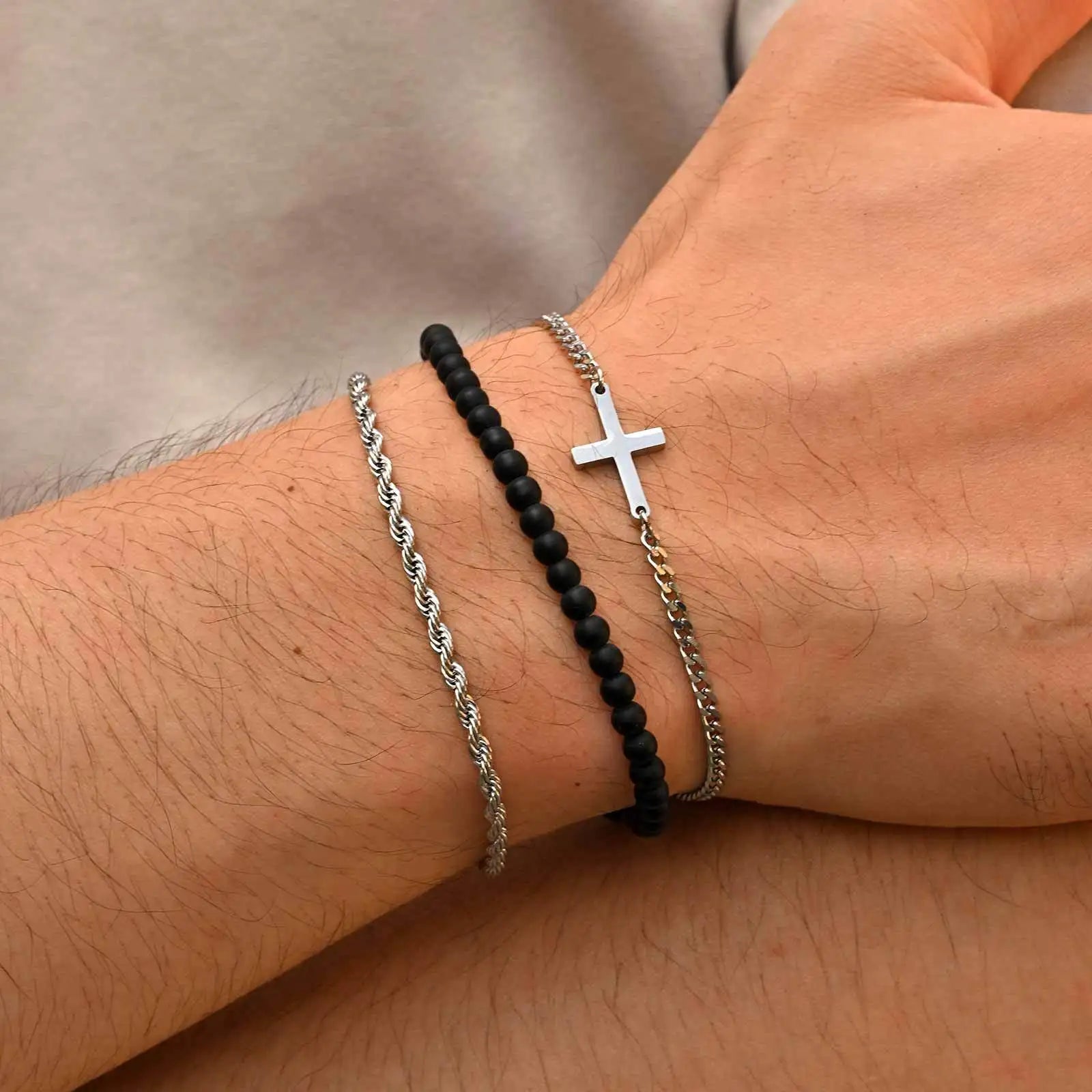 3pcs Stylsh Cross Men's Bracelet,Punk Stainless Steel Stacked Chain Link Wristband,Birthday Anniversary Gift for Him