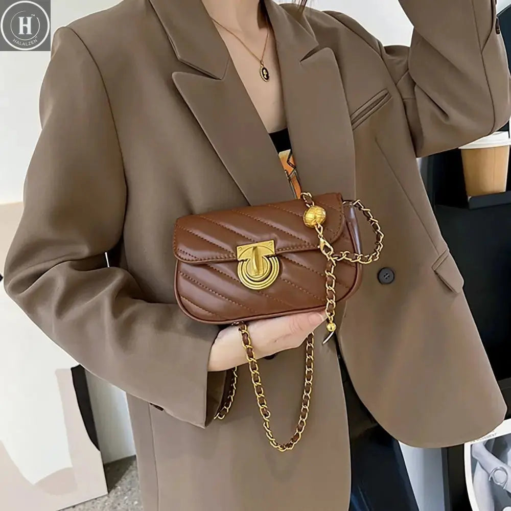 PU Leather Chain Shoulder Bag Leisure Swivel Lock Rhombic Lattice Crossbody Bag Large Capacity Underarm Bag Women Girls HALALZEN