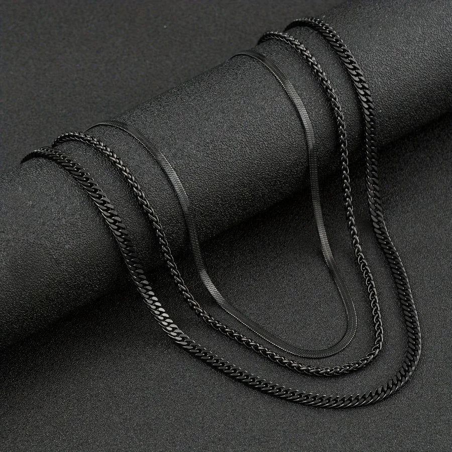 3pcs Men's Black Stainless Steel Necklace Set - Punk Gothic Chain Link Design for Daily Wear