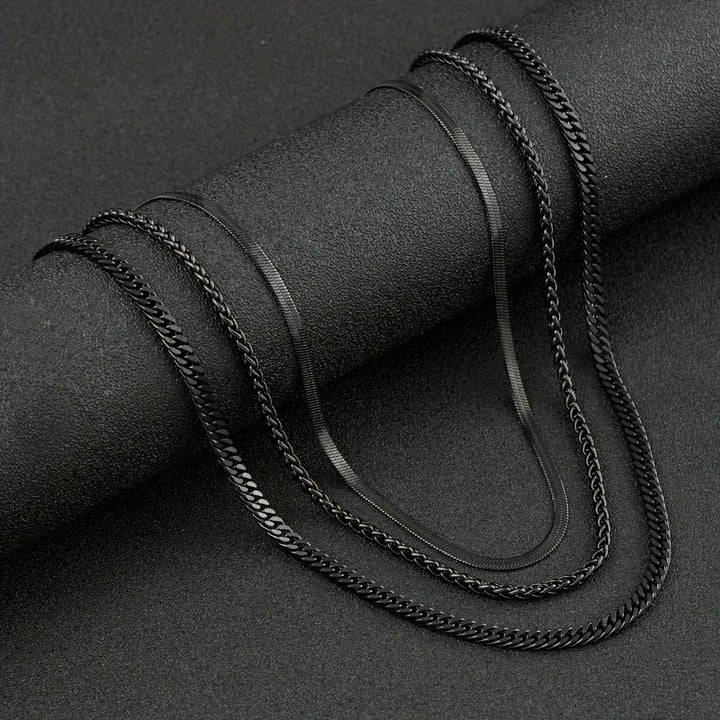 3pcs Men's Black Stainless Steel Necklace Set - Punk Gothic Chain Link Design for Daily Wear