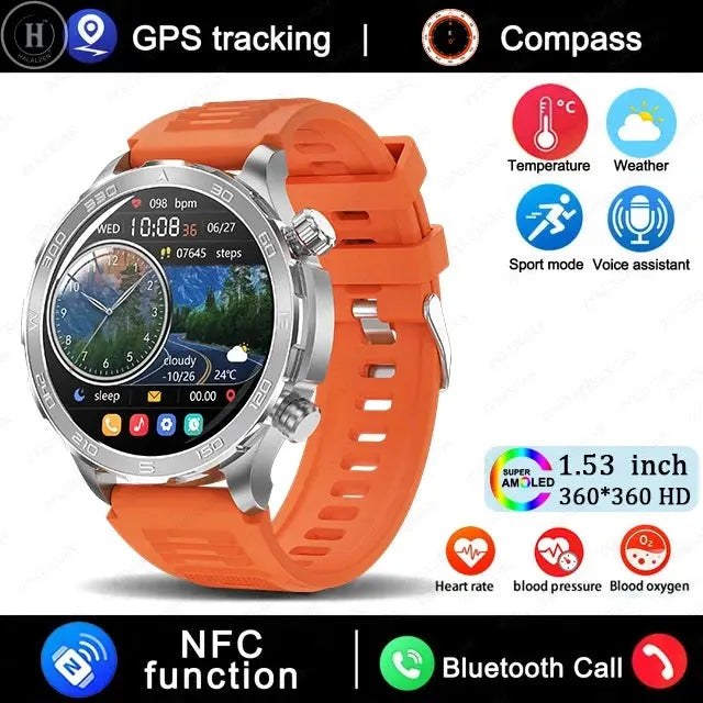New GPS Track Smart Watch Men AMOLED HD Screen Outdoor Sports Fitness Heart Rate NFC IP68 Waterproof Bluetooth Call Smart Watch HALALZEN