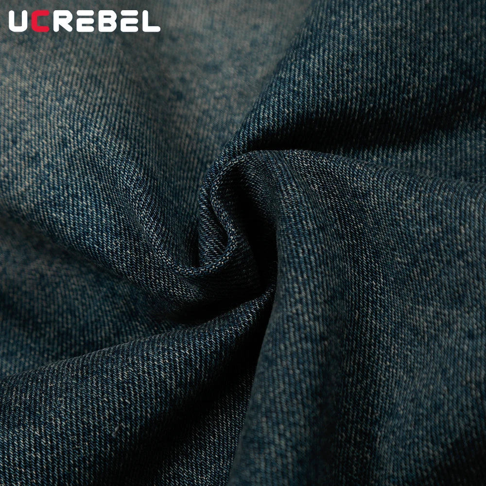 Pocket Spliced Denim Jacket Mens Autumn Winter Retro High Street Washed Distressed Lapel Single Breasted Cowboy Jacket Man