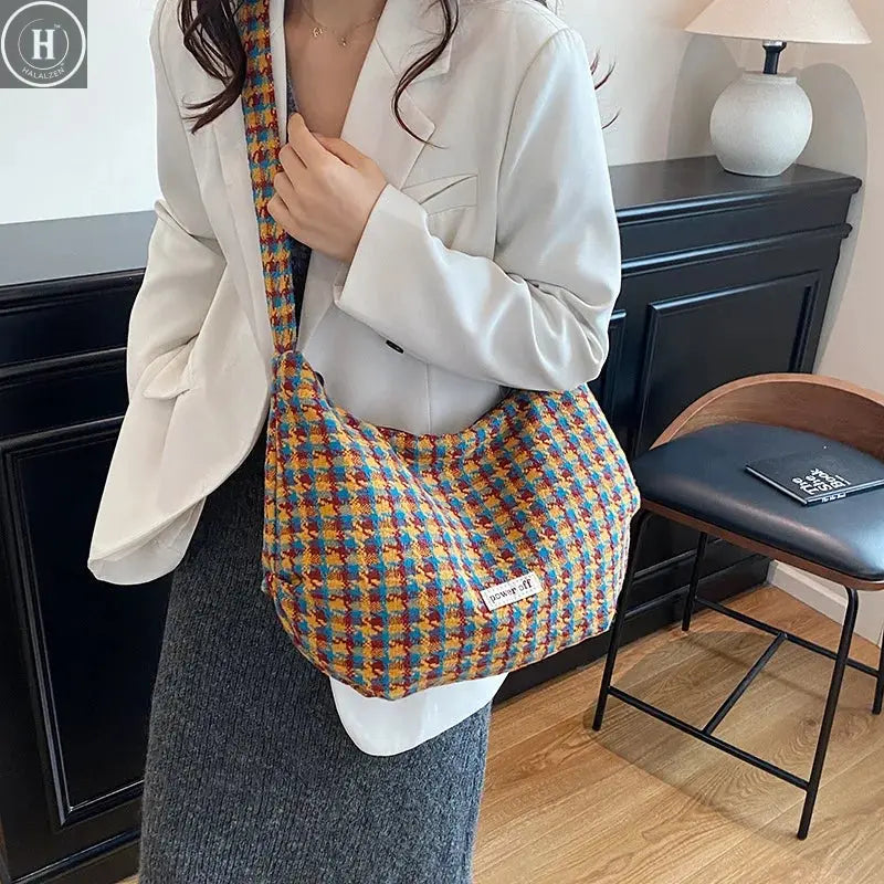Fashion Versatile Plaid Shoulder Bag Retro Crossbody Wool Commuter Fashion Large Capacity Backpack HALALZEN