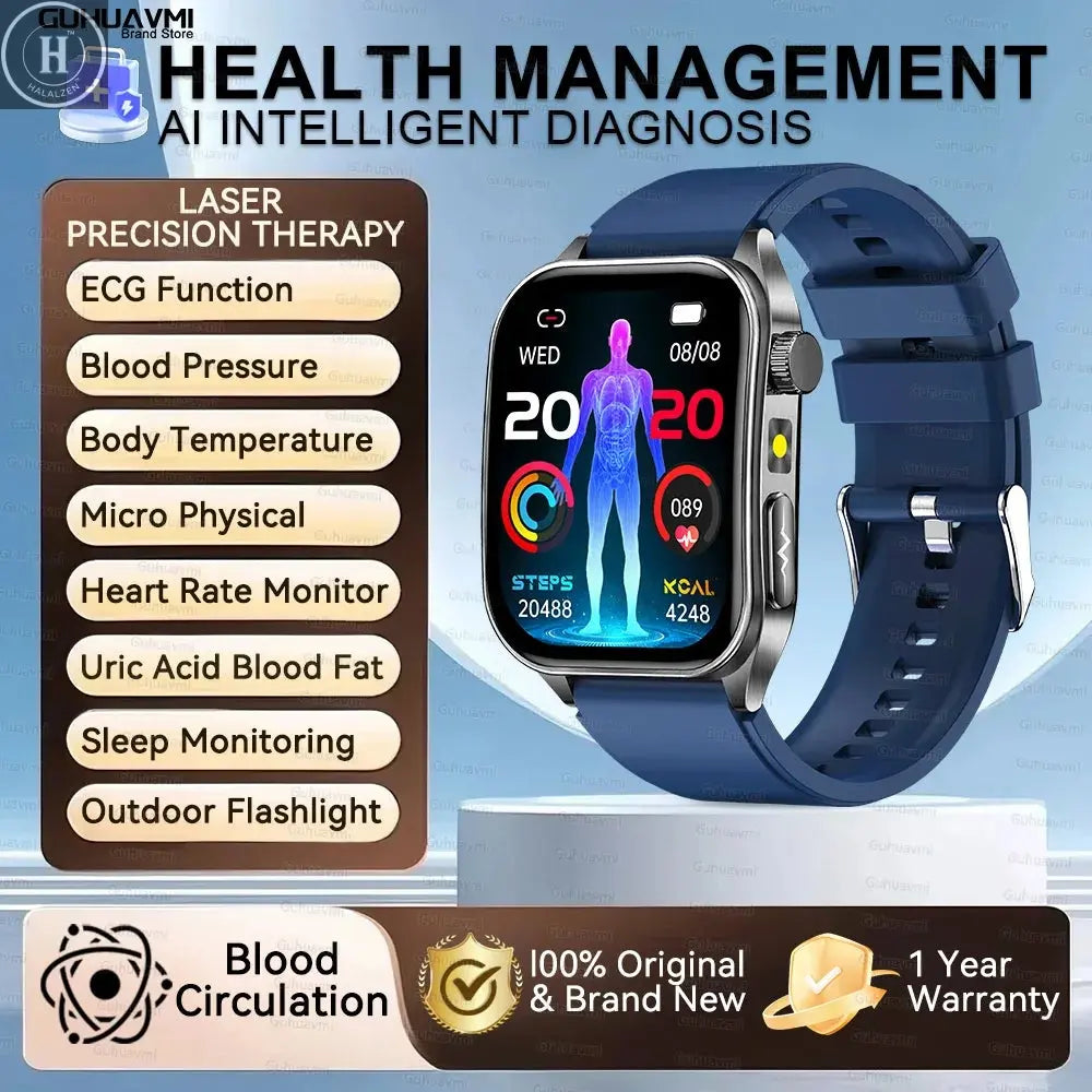 2026 New Health Smart Watch Laser Therapy Reduce Three Highs Blood Oxygen Pressure Uric Acid Blood Lipid ECG Smartwatch For Man HALALZEN
