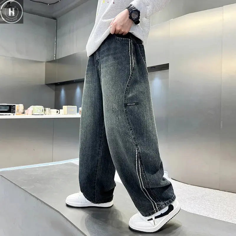 Boys Winter Warm Jeans New Style Teenage Children Trendy Brand Straight Leg Fleece Denim Pants Kids Loose Trousers HALALZEN