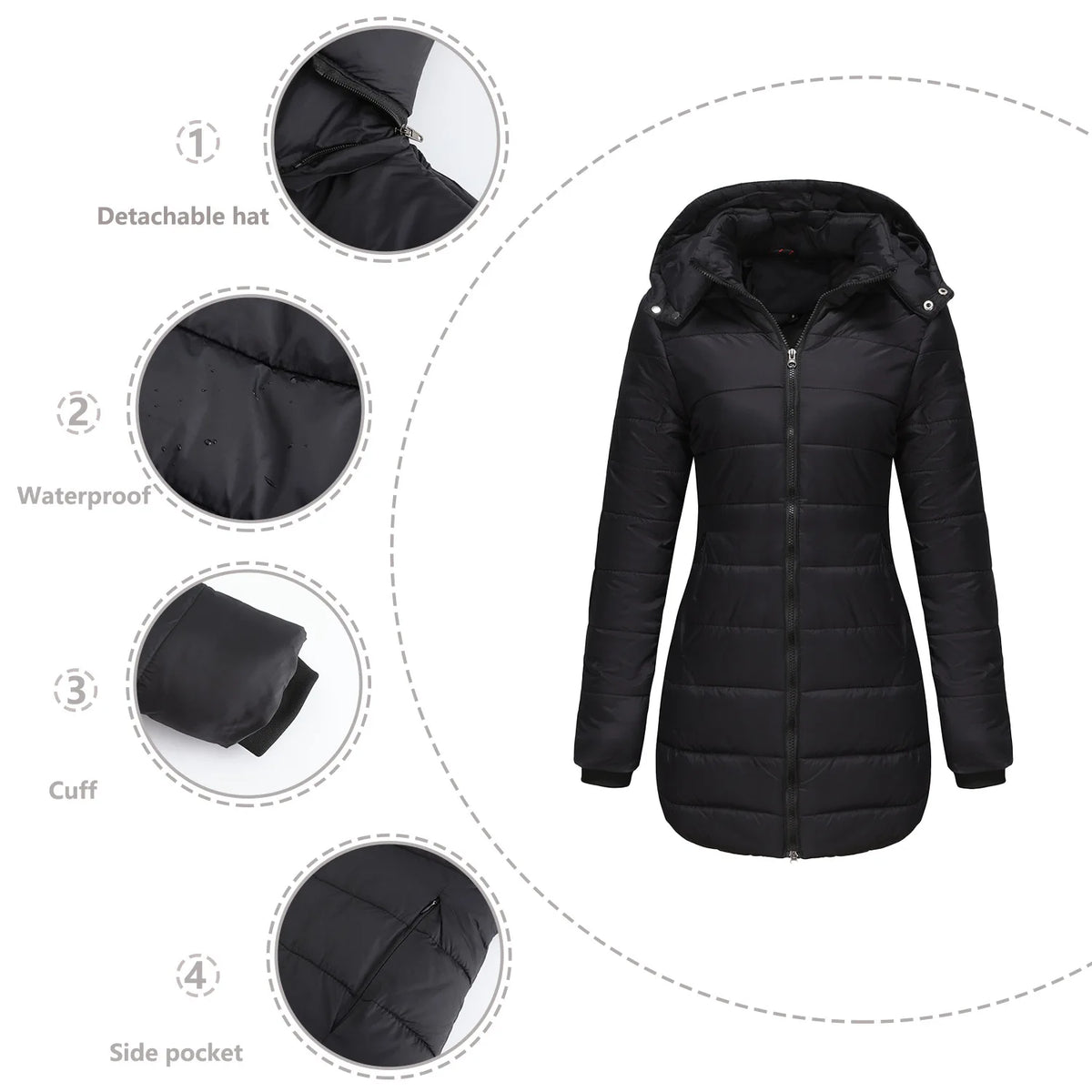 2024 New Waterproof Overcoat Women's Removable Cap Long-sleeved Parkas Winter Warm Jacket Female Red Yellow Gray Dark Blue Coats