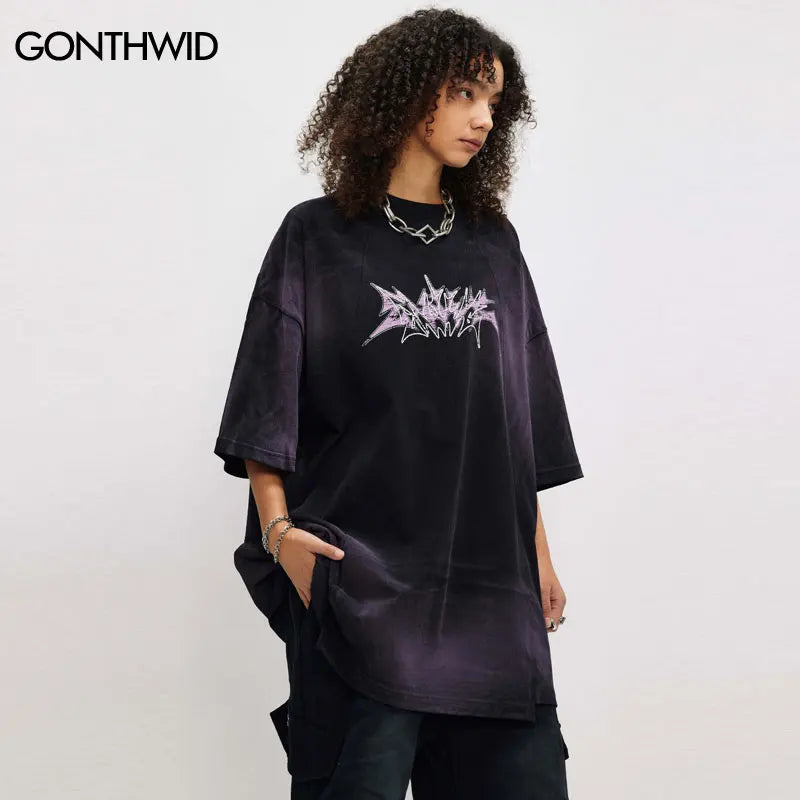 Hip Hop Oversized T-Shirt Grunge Letter Graphic Print Tie Dye Tshirt Streetwear Men Punk Gothic Shirts 2024 Harajuku Loose Tops