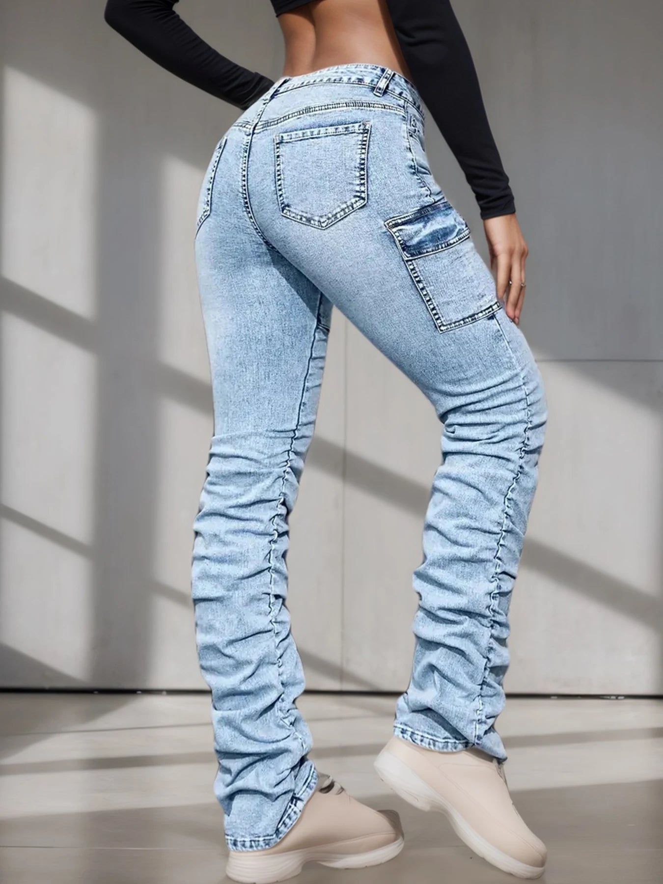 New Women's High Waisted Elastic Multi Pocket Workwear Jeans, Street Fashion Casual Slim Fit Stacking Pants