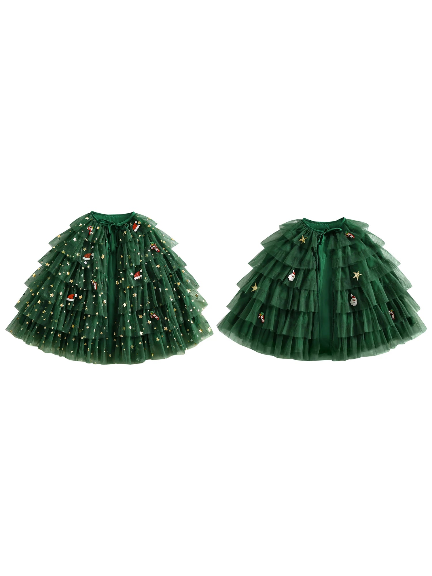 Christmas Tulle Cloak for Girls Snowman Reindeer Gingerbread Man Tiered Cake Tie Front Cape with Holly Accents