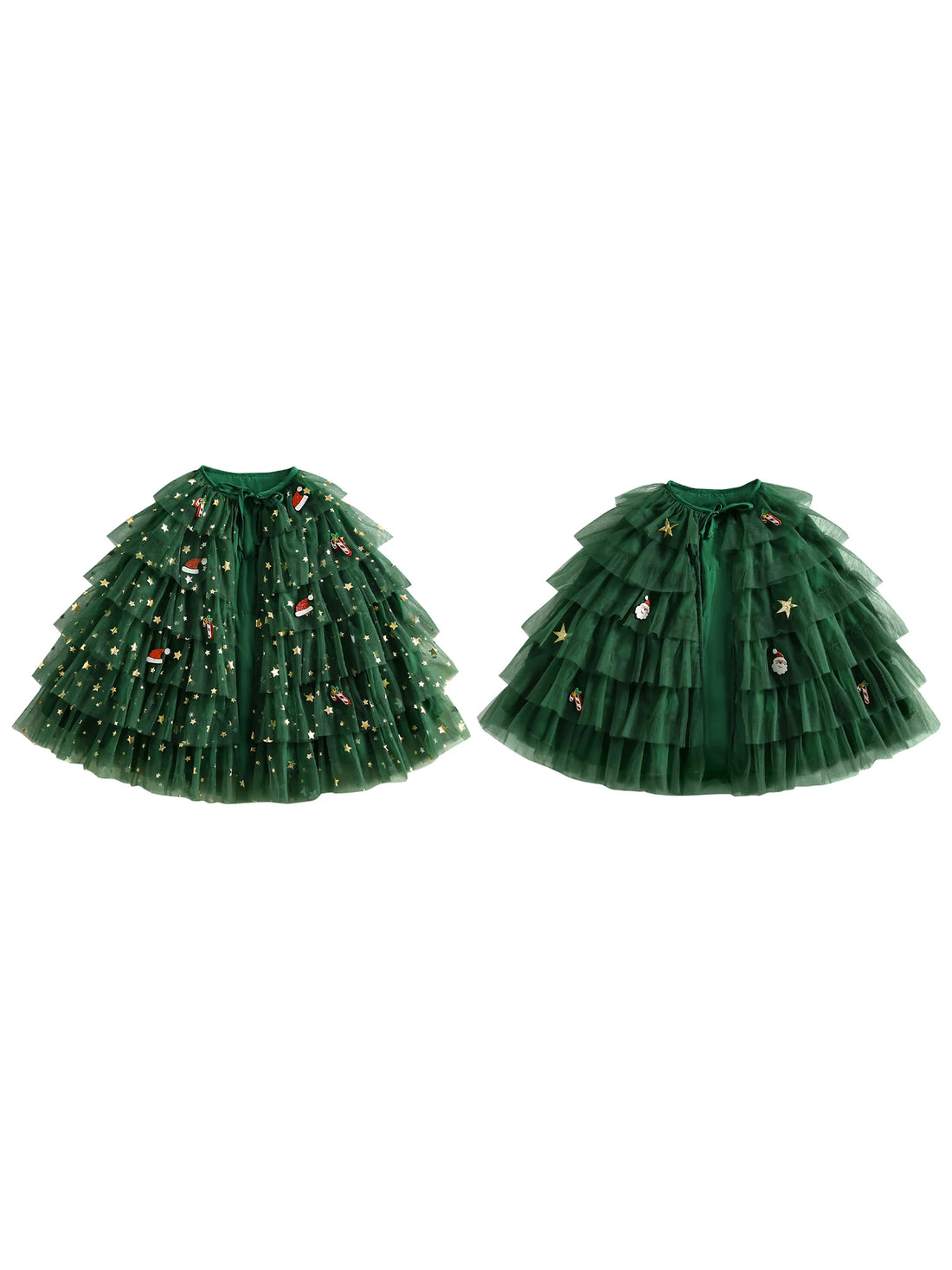 Christmas Tulle Cloak for Girls Snowman Reindeer Gingerbread Man Tiered Cake Tie Front Cape with Holly Accents