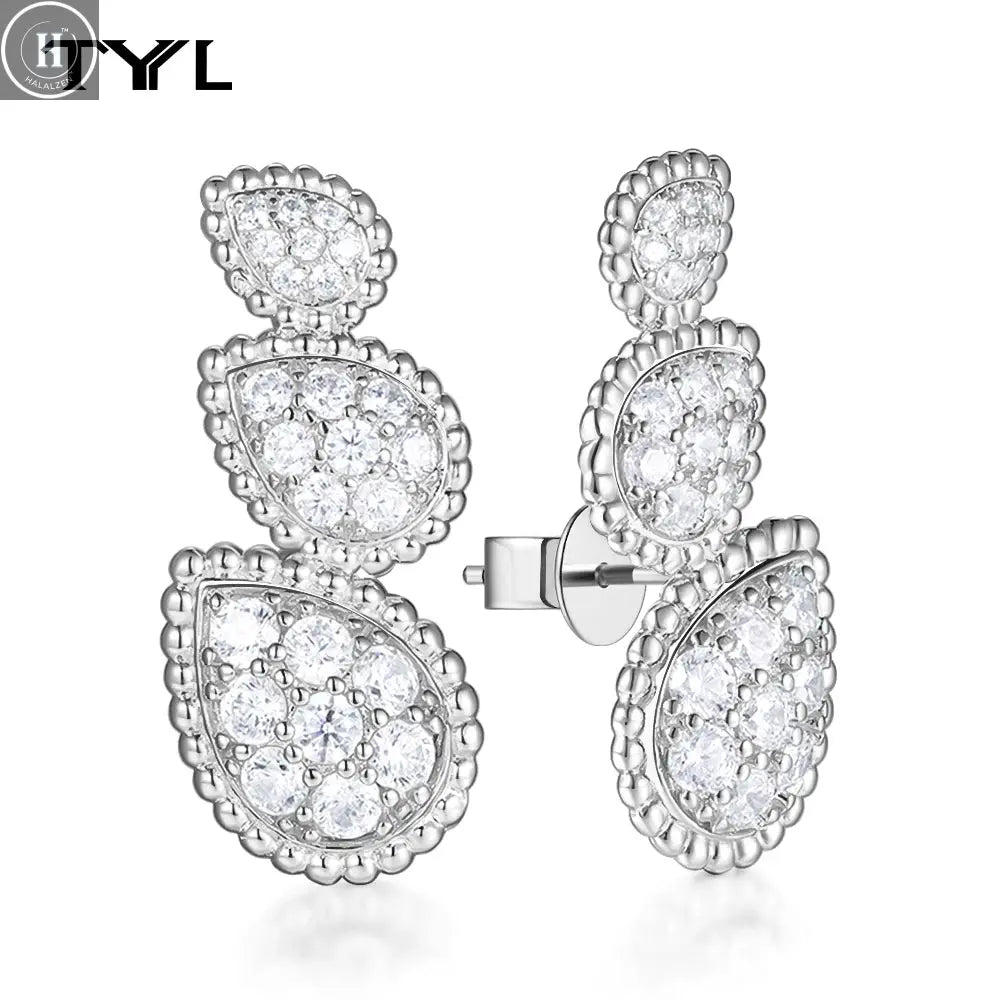 TYYL High Quality Classic 3 Water Drop Luxury Ear clip Drop Earrings Stud Party Wedding Long Earring Zircon Jewelry For Women HALALZEN
