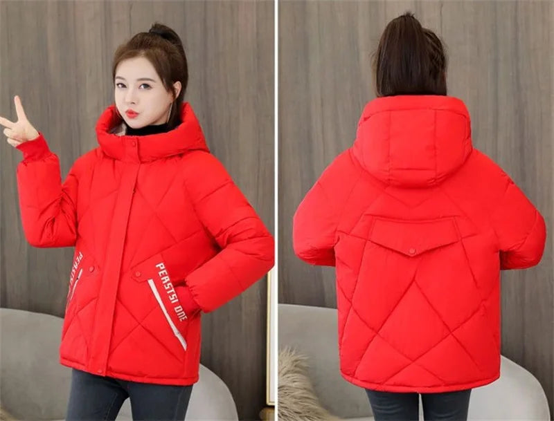 2024 New Autumn Winter Waterproof Windbreaker Puffer Jacket New Women Hooded Black Snow Parka Short Cotton Padded Jacket Coat