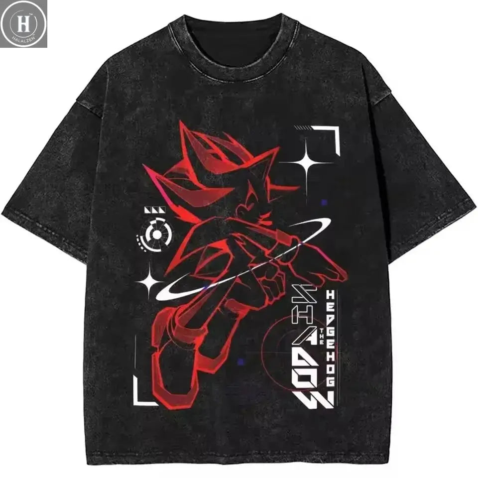 2025 New Japanese Shadows Hedgehog Washed T-Shirt Mens Y2K Retro Cotton Unisex T-shirt O-Neck Fashion Tee Printed Oversized Tops HALALZEN