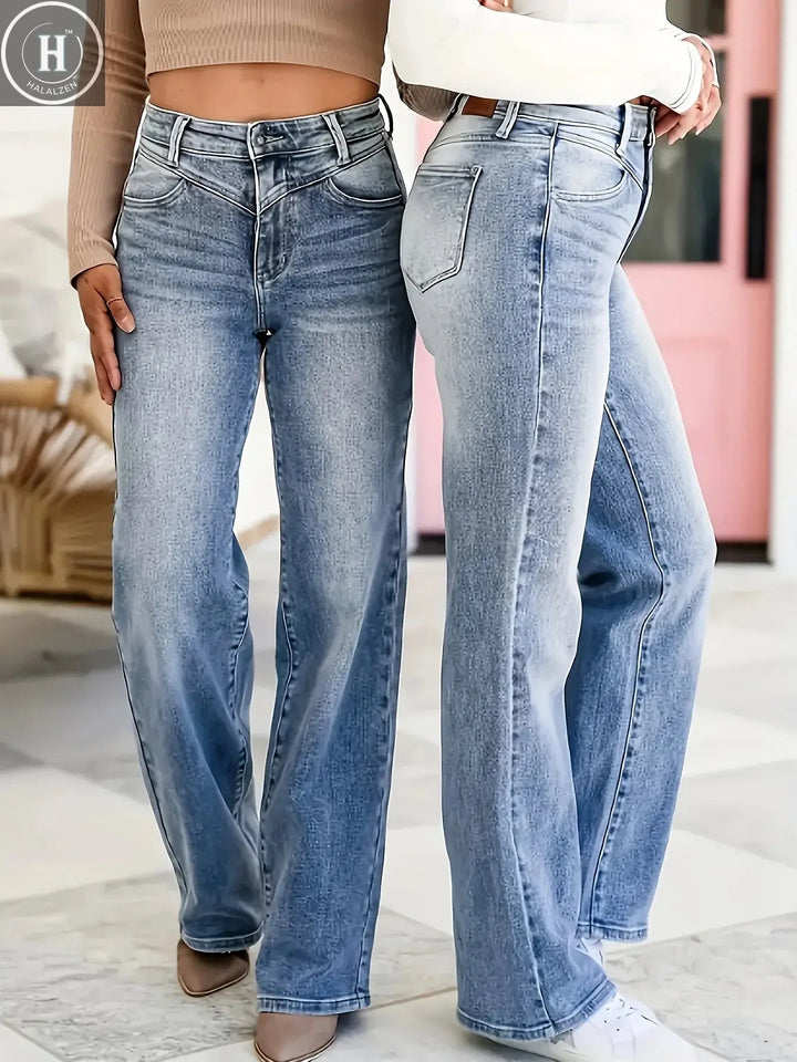 Women's Plus Size Straight Jeans - Summer Temperament Commuter Washed Plus Size Pocket Solid Color Elegant Jeans Halalzen UK