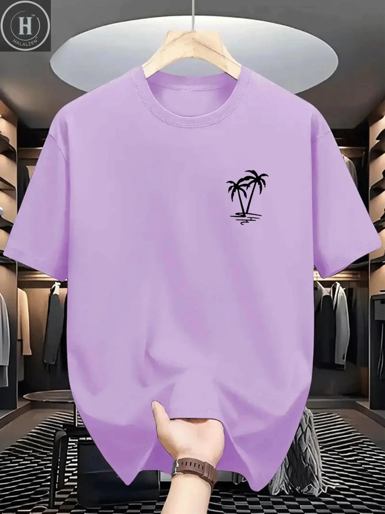 Men's summer 100% cotton fashionable casual loose coconut tree pattern printed sports round neck short sleeved T-shirt top HALALZEN