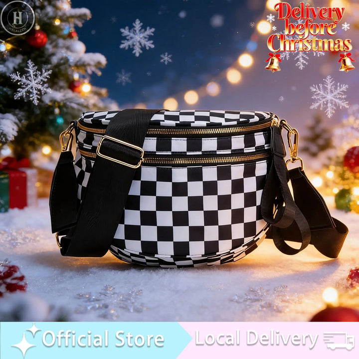 Spacious Black and White Checkered Nylon Bum Bag Plus Size Friendly Fanny Pack Iris Designfor Essentials for Christmas Gift HALALZEN