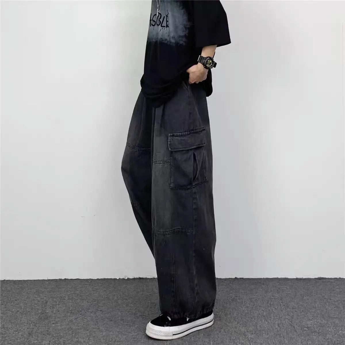 2024 Spring And Autumn Vintage Wide Leg Big Pocket Overalls Men Y2K Neutral Loose Straight Leg Casual High Street Hip Hop Jeans