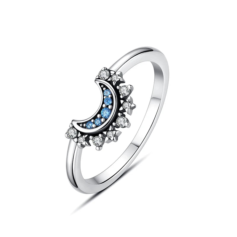 Original 925 Sterling Silver Ring Love Heart Wishbone Moon Sun Rings Crystal Rose Gold For Women Wedding Gift Luxury Jewelry