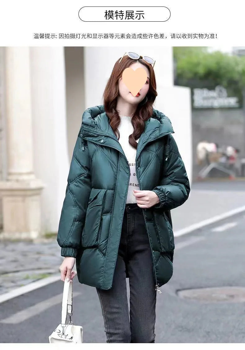 2024 New Women Jacket Winter Parkas Long Coat Fur Collar Hooded Glossy Overcoat Female Cotton Padded Parka Waterproof Outwear