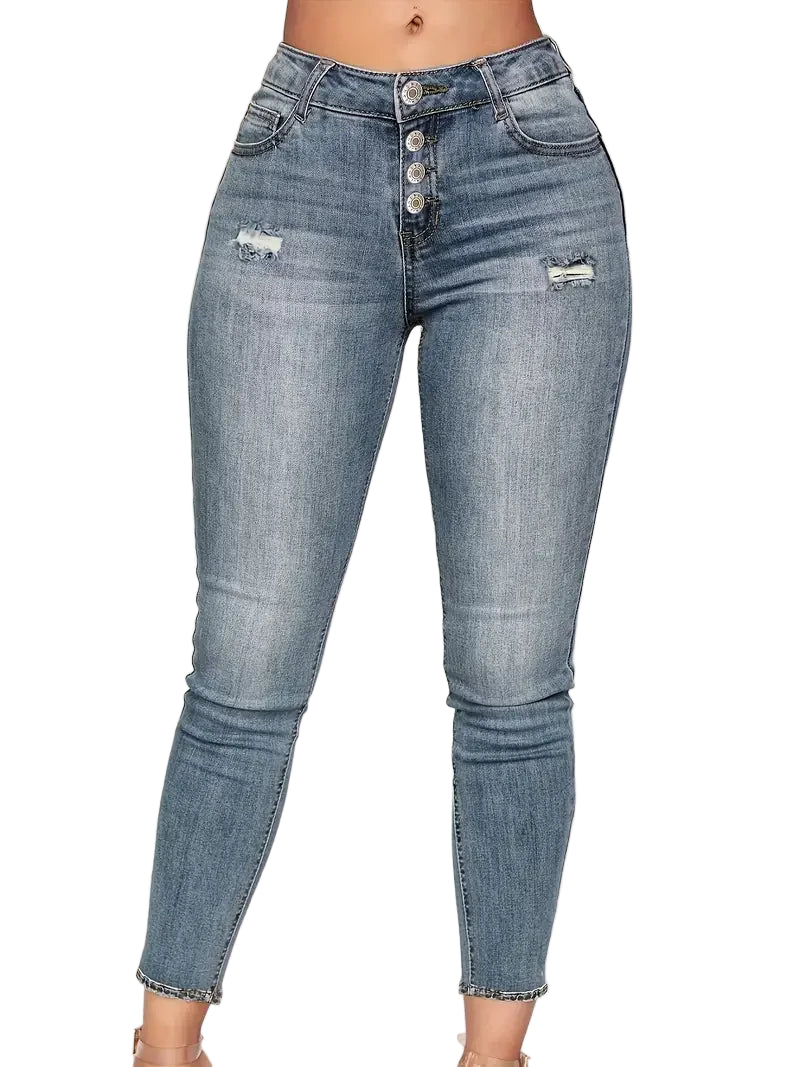 Women's Chic Ripped Pocket Jeans, Single Breasted Button Open and Close, Skinny Stretchy Denim Pants - Solid Color