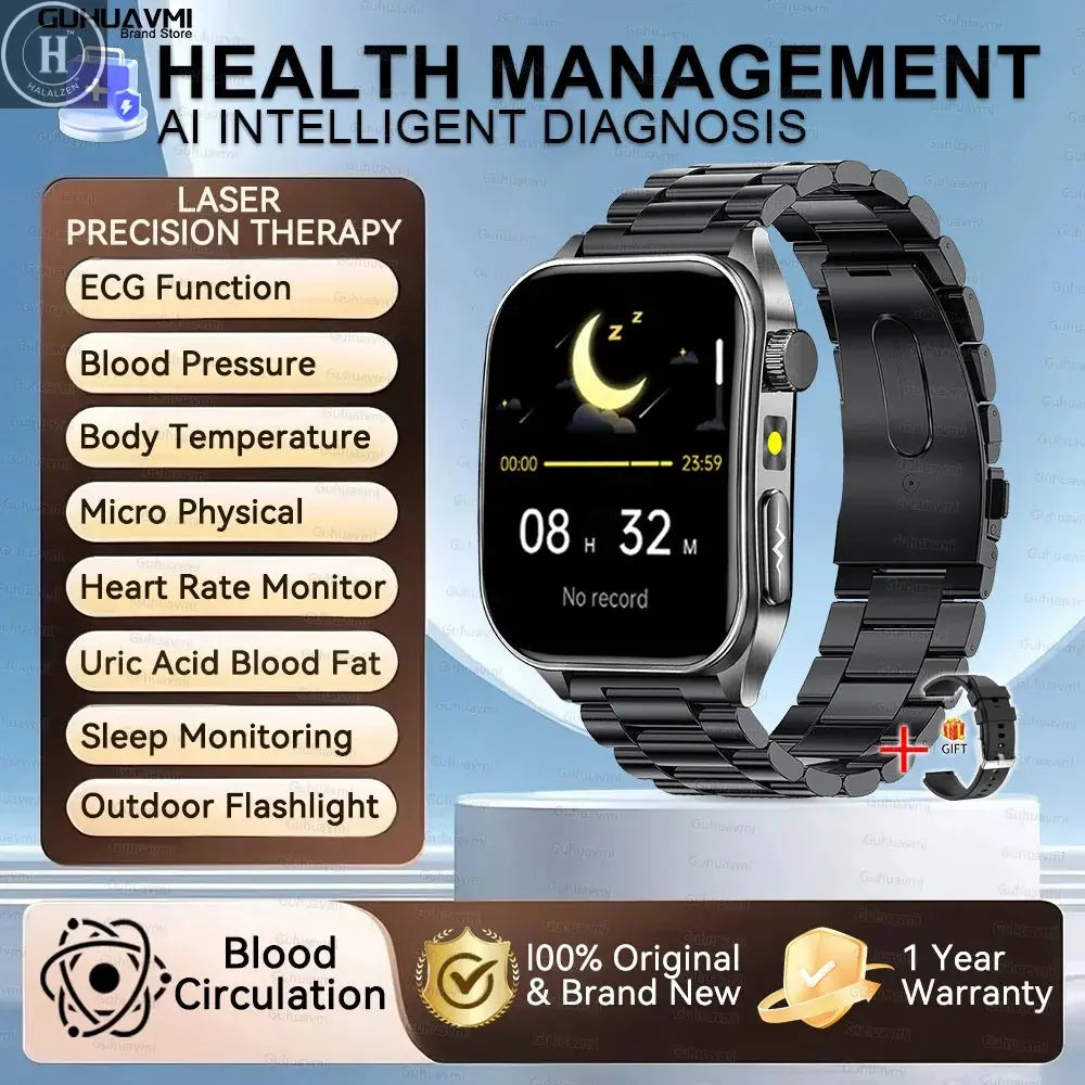 2026 New Health Smart Watch Laser Therapy Reduce Three Highs Blood Oxygen Pressure Uric Acid Blood Lipid ECG Smartwatch For Man HALALZEN