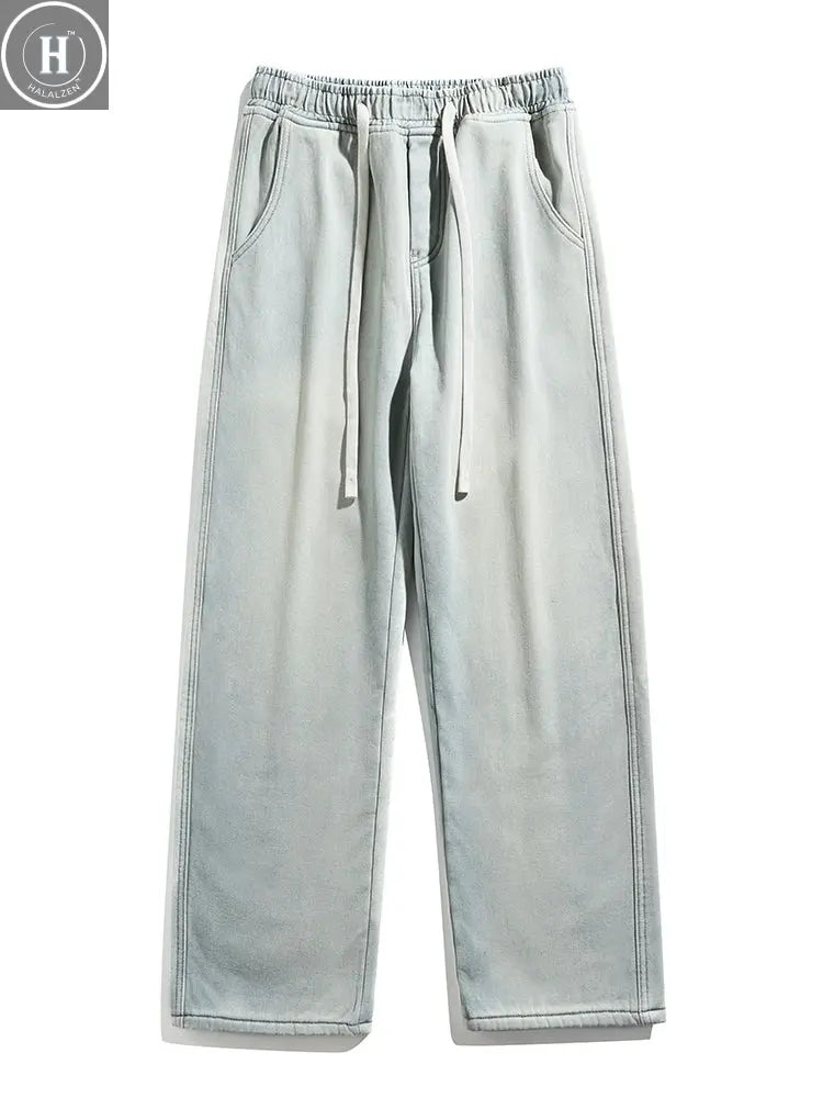 Winter Men's Jeans Korean Fashion Fleece Liner Thick Warm Straight Denim Pants Washed Cotton Retro Blue Wide Leg Jean Trousers HALALZEN